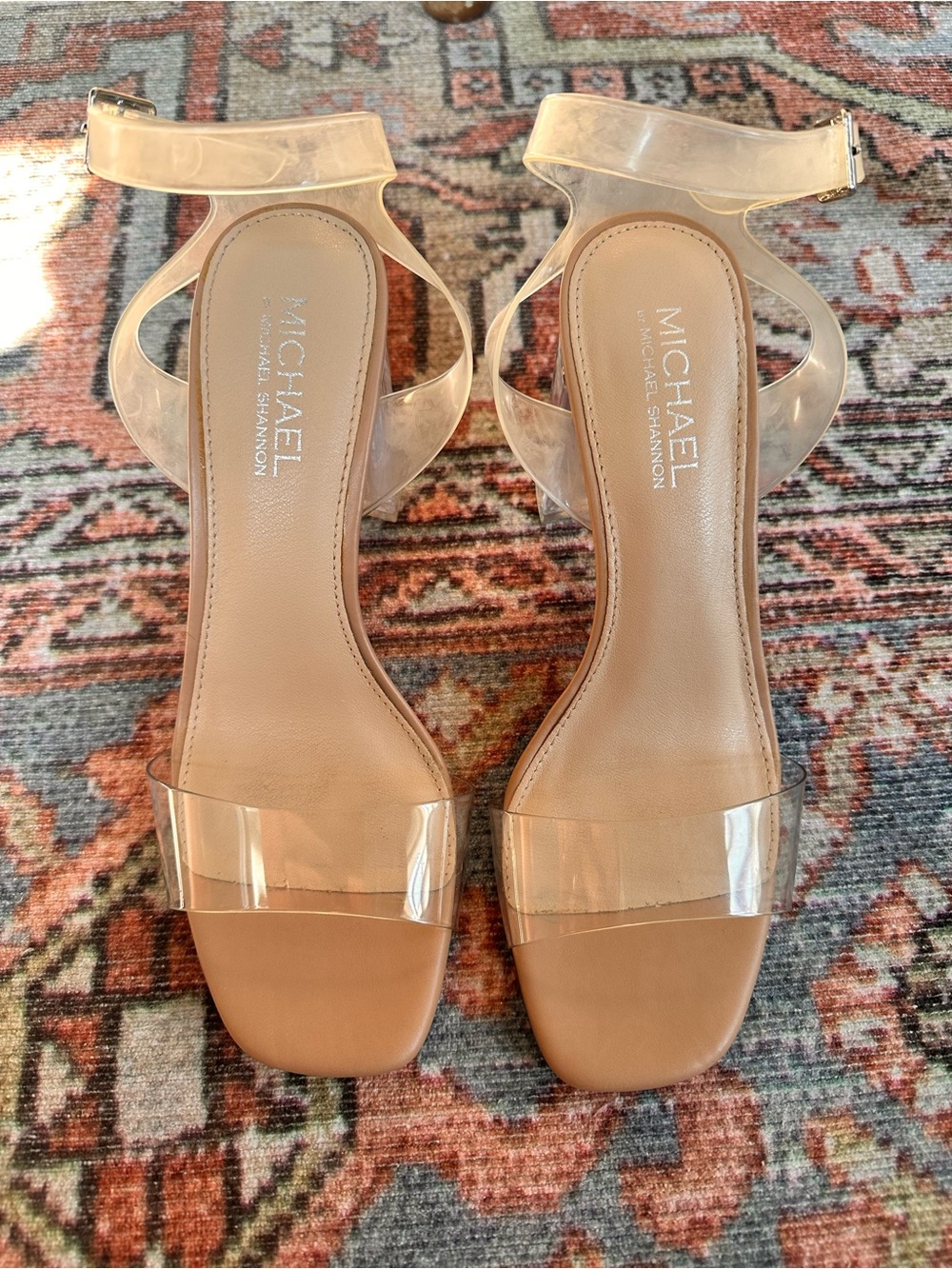 Michael by Michael Shannon Clear Lucite Block Heel Sandals Nude Size 9